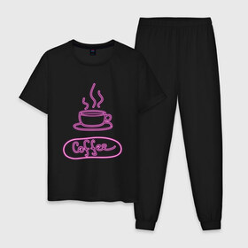 Мужская пижама хлопок с принтом Кофе в Курске, 100% хлопок | брюки и футболка прямого кроя, без карманов, на брюках мягкая резинка на поясе и по низу штанин
 | Тематика изображения на принте: coffee | neon | дымящийся кофе | кофе | неон