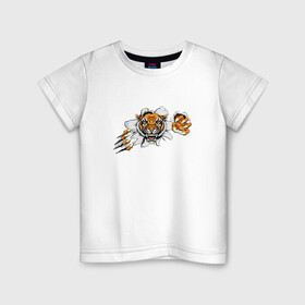 Детская футболка хлопок с принтом Бросок ТИГРА в Курске, 100% хлопок | круглый вырез горловины, полуприлегающий силуэт, длина до линии бедер | animal | beast | cat | cute | fluffy | hunter | lion | lion cub | lion king | mane | predator | red | tail | tiger | yellow | большая кошка | голова тигра | грива | животное | зверь | король лев | кот | милый | охотник | пушистый | тигр | тиг