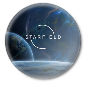 Значок с принтом Starfield в Курске,  металл | круглая форма, металлическая застежка в виде булавки | bethesda game studios | bethesda softworks | звездное | космос | планеты