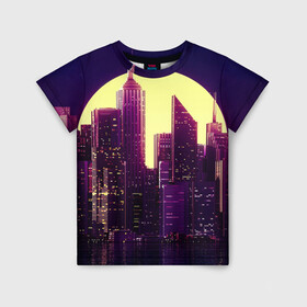 Детская футболка 3D с принтом Неоновый город в Курске, 100% гипоаллергенный полиэфир | прямой крой, круглый вырез горловины, длина до линии бедер, чуть спущенное плечо, ткань немного тянется | city | neon | башня | город | луна | неон | неоновый | неоновый принт | нью йорк