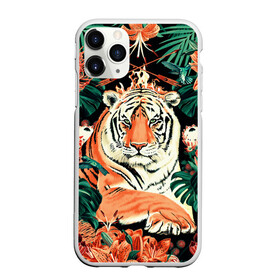 Чехол для iPhone 11 Pro матовый с принтом Огненный Тигр в Цветах в Курске, Силикон |  | black | cat | chill | relax | tiger | животные | коралловый | кот | кошки | лев | леопарды | огонь | отдых | паттерн | полосатый | полосы | растения | тигры | узор | цветы