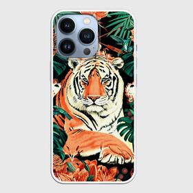 Чехол для iPhone 13 Pro с принтом Огненный Тигр в Цветах в Курске,  |  | black | cat | chill | relax | tiger | животные | коралловый | кот | кошки | лев | леопарды | огонь | отдых | паттерн | полосатый | полосы | растения | тигры | узор | цветы