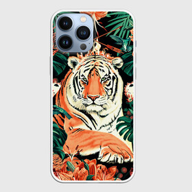 Чехол для iPhone 13 Pro Max с принтом Огненный Тигр в Цветах в Курске,  |  | black | cat | chill | relax | tiger | животные | коралловый | кот | кошки | лев | леопарды | огонь | отдых | паттерн | полосатый | полосы | растения | тигры | узор | цветы