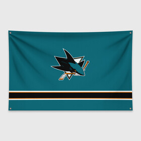 Флаг-баннер с принтом Сан-Хосе Шаркс (Форма1) в Курске, 100% полиэстер | размер 67 х 109 см, плотность ткани — 95 г/м2; по краям флага есть четыре люверса для крепления | акула | нхл | сан хосе шаркс | хоккей | шаркс форма