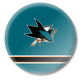 Значок с принтом Сан-Хосе Шаркс (Форма1) в Курске,  металл | круглая форма, металлическая застежка в виде булавки | акула | нхл | сан хосе шаркс | хоккей | шаркс форма