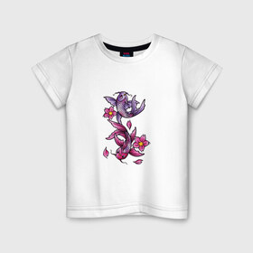 Детская футболка хлопок с принтом Рыбы цветы весна в Курске, 100% хлопок | круглый вырез горловины, полуприлегающий силуэт, длина до линии бедер | весна | двое | нереальное сочетание | пара | подводный мир | рисунок | рыбки | рыбы | узор | фиолетовый | цветы