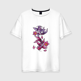 Женская футболка хлопок Oversize с принтом Рыбы цветы весна в Курске, 100% хлопок | свободный крой, круглый ворот, спущенный рукав, длина до линии бедер
 | весна | двое | нереальное сочетание | пара | подводный мир | рисунок | рыбки | рыбы | узор | фиолетовый | цветы