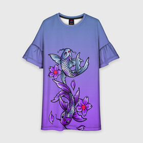 Детское платье 3D с принтом Рыбы и цветы в Курске, 100% полиэстер | прямой силуэт, чуть расширенный к низу. Круглая горловина, на рукавах — воланы | весна | градиент | двое | нереальное сочетание | пара | подводный мир | рыбки | рыбы | узор | фиолетовый | цветы