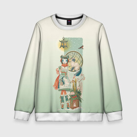 Детский свитшот 3D с принтом девушка кимоно зима Япония кот в Курске, 100% полиэстер | свободная посадка, прямой крой, мягкая тканевая резинка на рукавах и понизу свитшота | Тематика изображения на принте: аниме | девушка | зима | кимоно | кот | снегирь | стиль | традиционная одежда | тросник | фонарь | япония