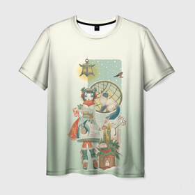 Мужская футболка 3D с принтом девушка кимоно зима Япония кот в Курске, 100% полиэфир | прямой крой, круглый вырез горловины, длина до линии бедер | Тематика изображения на принте: аниме | девушка | зима | кимоно | кот | снегирь | стиль | традиционная одежда | тросник | фонарь | япония