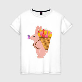 Женская футболка хлопок с принтом Весенний кролик с цветами в Курске, 100% хлопок | прямой крой, круглый вырез горловины, длина до линии бедер, слегка спущенное плечо | бабочка | зайчик | кролик | тюльпаны | цветы
