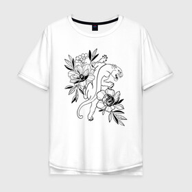 Мужская футболка хлопок Oversize с принтом кошка с цветами тату  в Курске, 100% хлопок | свободный крой, круглый ворот, “спинка” длиннее передней части | Тематика изображения на принте: tatoo | азия | ботаника | луна | скульптура | тату | тренд | цветок | цветы