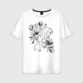 Женская футболка хлопок Oversize с принтом кошка с цветами тату  в Курске, 100% хлопок | свободный крой, круглый ворот, спущенный рукав, длина до линии бедер
 | tatoo | азия | ботаника | луна | скульптура | тату | тренд | цветок | цветы