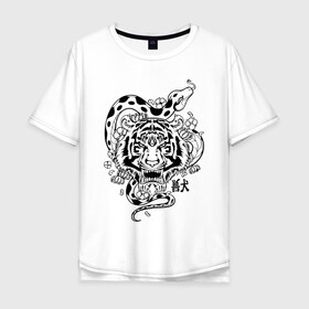 Мужская футболка хлопок Oversize с принтом тигр и змея  в Курске, 100% хлопок | свободный крой, круглый ворот, “спинка” длиннее передней части | Тематика изображения на принте: tatoo | ботаника | змея | иероглифы | тату | тигр | тренд | цветок