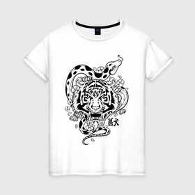 Женская футболка хлопок с принтом тигр и змея  в Курске, 100% хлопок | прямой крой, круглый вырез горловины, длина до линии бедер, слегка спущенное плечо | tatoo | ботаника | змея | иероглифы | тату | тигр | тренд | цветок