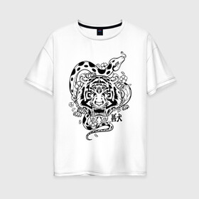 Женская футболка хлопок Oversize с принтом тигр и змея  в Курске, 100% хлопок | свободный крой, круглый ворот, спущенный рукав, длина до линии бедер
 | tatoo | ботаника | змея | иероглифы | тату | тигр | тренд | цветок