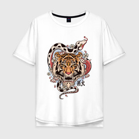 Мужская футболка хлопок Oversize с принтом тигр  со змеей  в Курске, 100% хлопок | свободный крой, круглый ворот, “спинка” длиннее передней части | Тематика изображения на принте: tatoo | ботаника | змея | иероглифы | тату | тигр | тренд | цветок