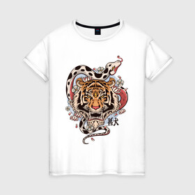 Женская футболка хлопок с принтом тигр  со змеей  в Курске, 100% хлопок | прямой крой, круглый вырез горловины, длина до линии бедер, слегка спущенное плечо | tatoo | ботаника | змея | иероглифы | тату | тигр | тренд | цветок