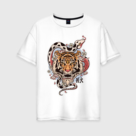 Женская футболка хлопок Oversize с принтом тигр  со змеей  в Курске, 100% хлопок | свободный крой, круглый ворот, спущенный рукав, длина до линии бедер
 | tatoo | ботаника | змея | иероглифы | тату | тигр | тренд | цветок