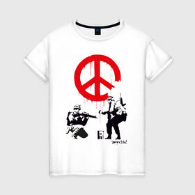 Женская футболка хлопок с принтом Make peace no war | Banksy в Курске, 100% хлопок | прямой крой, круглый вырез горловины, длина до линии бедер, слегка спущенное плечо | art | banksy | street art | арт | бэнкси | граффити | со смыслом | сосмыслом | стритарт