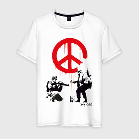 Мужская футболка хлопок с принтом Make peace no war | Banksy в Курске, 100% хлопок | прямой крой, круглый вырез горловины, длина до линии бедер, слегка спущенное плечо. | art | banksy | street art | арт | бэнкси | граффити | со смыслом | сосмыслом | стритарт