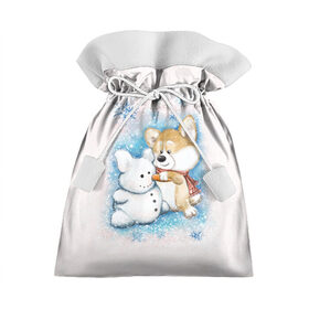 Подарочный 3D мешок с принтом Корги и снеговик в Курске, 100% полиэстер | Размер: 29*39 см | Тематика изображения на принте: зима | корги | малыш | снеговик | снежинки | собака | щенок