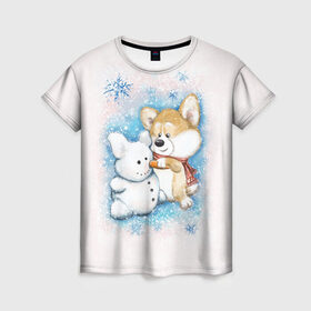 Женская футболка 3D с принтом Корги и снеговик в Курске, 100% полиэфир ( синтетическое хлопкоподобное полотно) | прямой крой, круглый вырез горловины, длина до линии бедер | зима | корги | малыш | снеговик | снежинки | собака | щенок