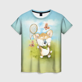 Женская футболка 3D с принтом Корги и бабочка в Курске, 100% полиэфир ( синтетическое хлопкоподобное полотно) | прямой крой, круглый вырез горловины, длина до линии бедер | бабочка | корги | лето | малыш | собака | солнце | щенок