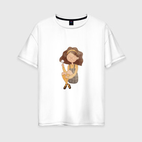 Женская футболка хлопок Oversize с принтом Девушка с одуванчиком в Курске, 100% хлопок | свободный крой, круглый ворот, спущенный рукав, длина до линии бедер
 | девочка | девочка с одуванчиком | девушка | милая девочка