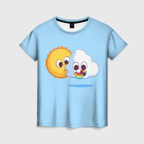 Женская футболка 3D с принтом Ребёнок солнца и дождя в Курске, 100% полиэфир ( синтетическое хлопкоподобное полотно) | прямой крой, круглый вырез горловины, длина до линии бедер | детские рисунки | дождь | облако | погода | радуга | ребёнок солнца и дождя | родители | синий фон | солнце