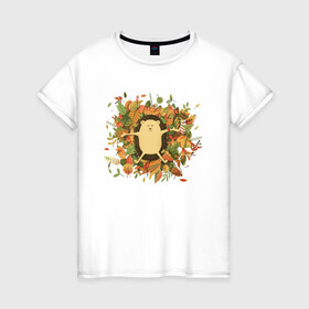 Женская футболка хлопок с принтом Осенний ежик в Курске, 100% хлопок | прямой крой, круглый вырез горловины, длина до линии бедер, слегка спущенное плечо | ёжик | животные | листья | милый ёжик | осень