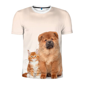 Мужская футболка 3D спортивная с принтом щенок и котенок друзья в Курске, 100% полиэстер с улучшенными характеристиками | приталенный силуэт, круглая горловина, широкие плечи, сужается к линии бедра | ветеринару | друзья | животные домашние | кот | котенок | любителю собак | млекопитающее | мультипликационный персонаж | мультяшная собака | мэй кун | песики | питомцы | псы | собакены | собаки