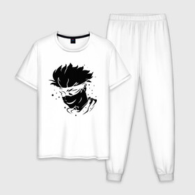Мужская пижама хлопок с принтом JUJUTSU KAISEN граффити в Курске, 100% хлопок | брюки и футболка прямого кроя, без карманов, на брюках мягкая резинка на поясе и по низу штанин
 | anime | boy | gg | gojou | jujutsu | kaisen | kun | mag | satoru | superhero | аниме | белое | битва | гг | глаза | глазах | годзё | капли | краски | кун | лицо | маг | магическая | на | персонаж | персонажа | повязка | сатору