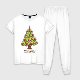 Женская пижама хлопок с принтом Avocado Christmas Tree в Курске, 100% хлопок | брюки и футболка прямого кроя, без карманов, на брюках мягкая резинка на поясе и по низу штанин | Тематика изображения на принте: claus | cute | nature | new year | santa | tree | авокадо | адвокадо | дед мороз | дед отмороз | ёлка | ель | из авокадо | колпак | косточка | милота | милые авокадо | новый год | прикол | природа | рождественское дерево
