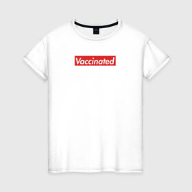 Женская футболка хлопок с принтом Vaccinated в Курске, 100% хлопок | прямой крой, круглый вырез горловины, длина до линии бедер, слегка спущенное плечо | covid 19 | вакцина | вакцинация | ковид 19 | коронавирус | спасибо науке