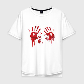 Мужская футболка хлопок Oversize с принтом Кровавые отпечатки рук в Курске, 100% хлопок | свободный крой, круглый ворот, “спинка” длиннее передней части | Тематика изображения на принте: blood | bloody | creep | creepy | death | halloween | hand | hands | horror | kill | merch | murded | spooky | victim | жертва | капли | кровь | мерч | пятна | пятно | руки | след | следы | ужас | ужасы | ужасы мерч | хорро