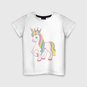 Детская футболка хлопок с принтом единорог корона лошадка в Курске, 100% хлопок | круглый вырез горловины, полуприлегающий силуэт, длина до линии бедер | герой | грива | детский | добрый | единорог | звездочки | конь | корона | лошадка | лошадь | персонаж | пони | радуга | радужный | рисунок | хвост
