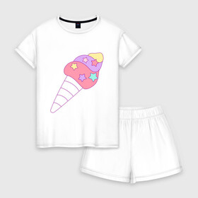 Женская пижама с шортиками хлопок с принтом мороженое рожок звездочки в Курске, 100% хлопок | футболка прямого кроя, шорты свободные с широкой мягкой резинкой | вкусняшки | детский | еда | звездочки | мороженое | мультяшный | рожок | сладости