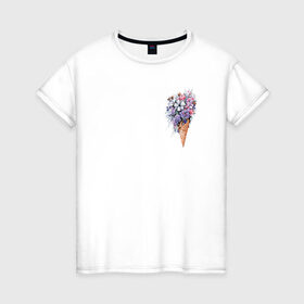 Женская футболка хлопок с принтом Цветочное мороженое в Курске, 100% хлопок | прямой крой, круглый вырез горловины, длина до линии бедер, слегка спущенное плечо | Тематика изображения на принте: flo | flowers | растения | флористика | цветение | цветы