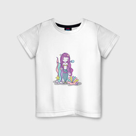 Детская футболка хлопок с принтом русалка в Курске, 100% хлопок | круглый вырез горловины, полуприлегающий силуэт, длина до линии бедер | водросли | жемчужина | океан | ракушка | русалка
