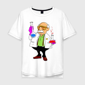 Мужская футболка хлопок Oversize с принтом Ученый химик колбы в Курске, 100% хлопок | свободный крой, круглый ворот, “спинка” длиннее передней части | биолог | дедуля | дедушка | колбы | лаборант | очки | перчатки | профессор | умник | ученый | халат | химик