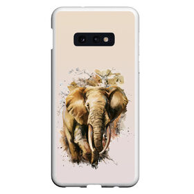 Чехол для Samsung S10E с принтом акварельный слон брызги в Курске, Силикон | Область печати: задняя сторона чехла, без боковых панелей | акварель | акварельный | арт | бивни | брызги | животное | зверь | краска | природа | разводы | рисунок | хобот