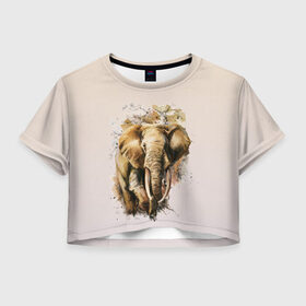 Женская футболка Crop-top 3D с принтом акварельный слон брызги в Курске, 100% полиэстер | круглая горловина, длина футболки до линии талии, рукава с отворотами | акварель | акварельный | арт | бивни | брызги | животное | зверь | краска | природа | разводы | рисунок | хобот