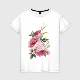 Женская футболка хлопок с принтом Акварельные розы в Курске, 100% хлопок | прямой крой, круглый вырез горловины, длина до линии бедер, слегка спущенное плечо | акварель | ботаника | весна | женственность | иллюстрация | нежность | рисунок | розы | цветы