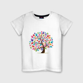 Детская футболка хлопок с принтом Дерево листья ладошка в Курске, 100% хлопок | круглый вырез горловины, полуприлегающий силуэт, длина до линии бедер | дерево | детский | ладошки | листья | мир | отпечатки | природа | рисунок | руки | символ