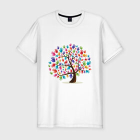 Мужская футболка хлопок Slim с принтом Дерево листья ладошка в Курске, 92% хлопок, 8% лайкра | приталенный силуэт, круглый вырез ворота, длина до линии бедра, короткий рукав | дерево | детский | ладошки | листья | мир | отпечатки | природа | рисунок | руки | символ