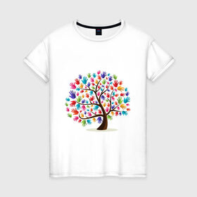 Женская футболка хлопок с принтом Дерево листья ладошка в Курске, 100% хлопок | прямой крой, круглый вырез горловины, длина до линии бедер, слегка спущенное плечо | дерево | детский | ладошки | листья | мир | отпечатки | природа | рисунок | руки | символ