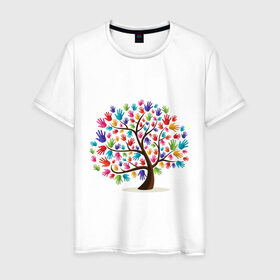 Мужская футболка хлопок с принтом Дерево листья ладошка в Курске, 100% хлопок | прямой крой, круглый вырез горловины, длина до линии бедер, слегка спущенное плечо. | дерево | детский | ладошки | листья | мир | отпечатки | природа | рисунок | руки | символ