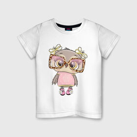 Детская футболка хлопок с принтом Модная малышка совушка в Курске, 100% хлопок | круглый вырез горловины, полуприлегающий силуэт, длина до линии бедер | бантики | детские | леопардовый | малышка | мода | модная | мультяшно | очки | реснички | рисунок | хуманизация