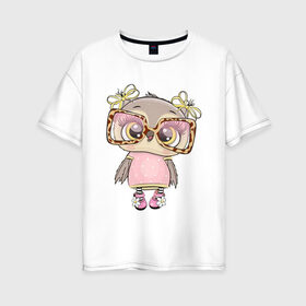 Женская футболка хлопок Oversize с принтом Модная малышка совушка в Курске, 100% хлопок | свободный крой, круглый ворот, спущенный рукав, длина до линии бедер
 | бантики | детские | леопардовый | малышка | мода | модная | мультяшно | очки | реснички | рисунок | хуманизация